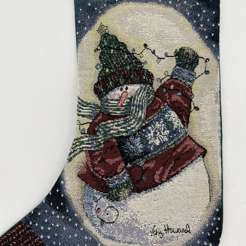 2 Vintage Tapestry Christmas Stockings Whimsy Retro Snowman Lights‎ Quilt 22